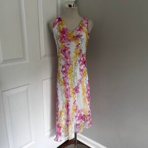 Y2K PINK AND YELLOW GIORGIO FIORLINI COWL NECK ASYMMETRICAL BUTTERFLY MIDI DRESS